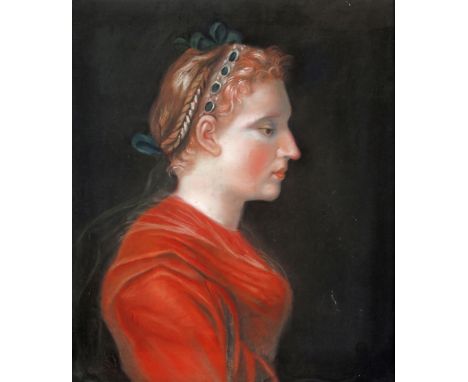 English School late 18th Century Portrait of a lady in profile wearing a red dress Pastel 50 x 42cm; 19¾ x 16½in 