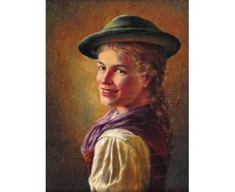 Gruber (20th Century) Portrait of a lady in a hat and purple scarf; A bearded gentleman in a hat holding a glass Both signed 