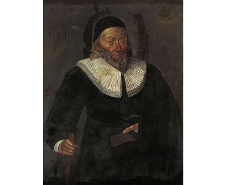 Scottish School c.1600 Portrait of a Calvinist Minister, holding a bible and a staff Oil on canvas 94 x 71cm; 37 x 28in The B