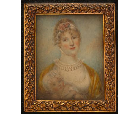λ English School 19th Century Portrait miniature of a lady holding her baby Rectangular, in a leaf and berry gilt metal surro