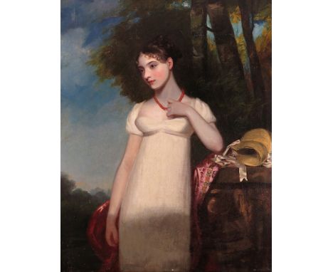 Follower of William Beechey Portrait of a girl, three quarter length, wearing a white dress and coral necklace, standing in a