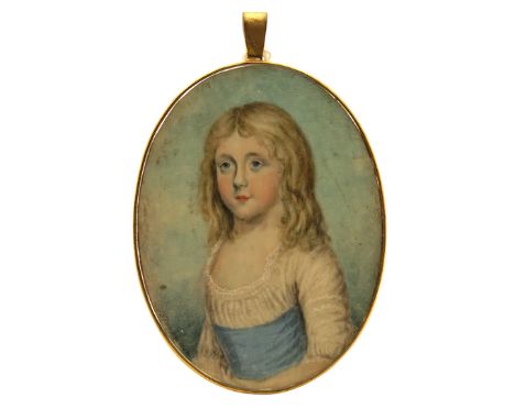 λ J.S. Penny (fl.1793-1813) Portrait miniature of a girl, half length, in a white dress with a blue sash Signed and dated 179