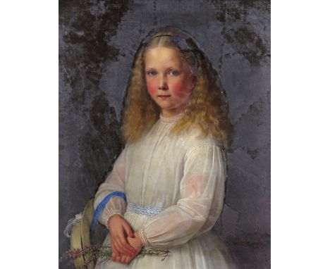 Guido Phillip Schmitt (German 1834-1922) Portrait of a young girl holding heather Signed and dated 1867 Oil on canvas, in a p
