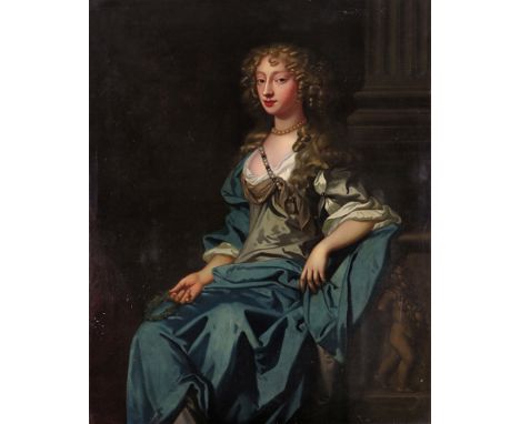 Follower of Sir Peter Lely Portrait of a lady, three quarter length, seated with a grey dress with pearl necklace and sash an