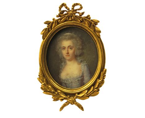 λ Jean-Baptiste Augustin (French 1759-1832) Portrait miniature of a lady, half length, wearing a blue dress, a white ribbon i