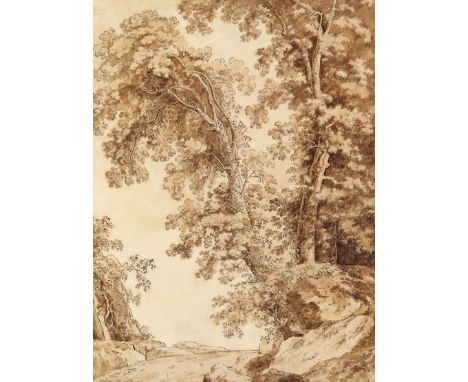 Attributed to Lucas Van Uden (Flemish 1595-1762) The Road through the Trees Later inscribed in latin verso Pen ink and grisai