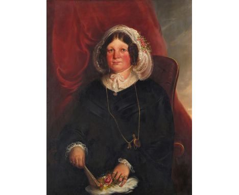 Circle of Henry William Pickersgill R.A. Portrait of a lady with flowers and a fan seated before a red curtain Oil on canvas 