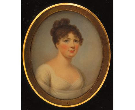 λ English School early 19th Century Portrait miniature of a lady, head and shoulders wearing white Oval, in a gilt surround a