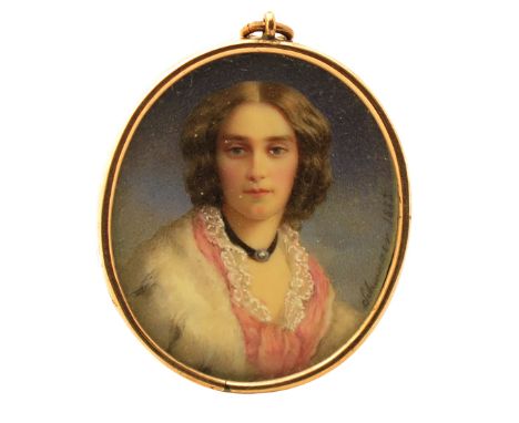 λ Shinager (Continental c.1865) Portrait miniature of a lady, head and shoulders in a pink dress with a white lace trim and a