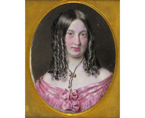 λ W. Hatton c.1851 Portrait miniature of a Miss Atkinson with ringlets, wearing pink Inscribed on a label verso Miss Atkinson