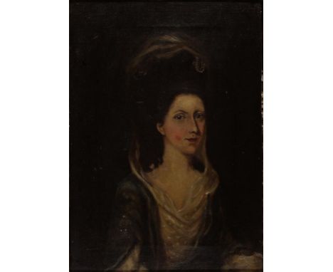 ENGLISH SCHOOL. 19TH C PORTRAIT OF A LADY IN 18TH C DRESS, BUST LENGTH, OIL ON CANVAS, 34 X 25CM