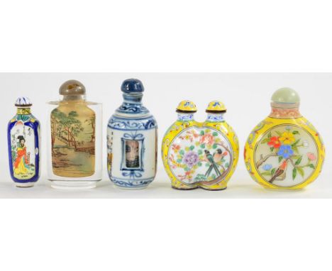 TWO CHINESE GLASS AND TWO CHINESE ENAMEL SNUFF BOTTLES AND A CHINESE PORCELAIN DOUBLE WALLED EROTIC SUBJECT SNUFF BOTTLE, VAR