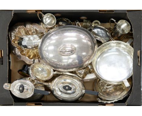 MISCELLANEOUS PLATED WARE, TO INCLUDE A FOUR PIECE TEA SERVICE OF PANELLED OVAL SHAPE, A DISH COVER AND OTHER HOLLOW WARE