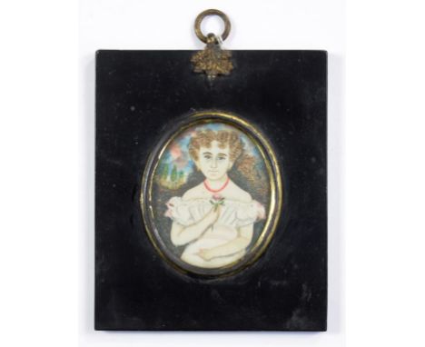 BRITISH NAIVE ARTIST, EARLY 19TH C, PORTRAIT MINIATURE OF A YOUNG WOMAN, A ROSE IN HER RIGHT HAND, IVORY, OVAL , 6.5 X 5.5CM,