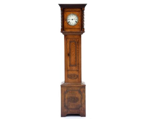 AN OAK DWARF LONGCASE CLOCK WITH ENAMEL DIAL AND SPRING DRIVEN MOVEMENT, C1920, 149CM H