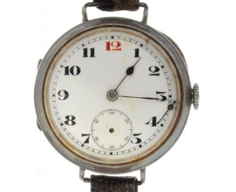 A SILVER WRISTWATCH WITH ENAMEL DIAL, IMPORT MARKED, LONDON 1922