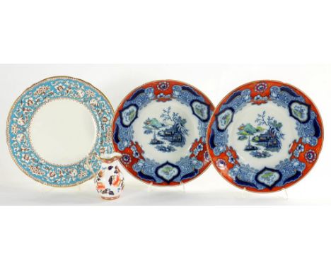 A PAIR OF VICTORIAN IRONSTONE JAPAN PATTERN SOUP PLATES, 26.5CM D, PRINTED ROYAL ARMS, A CROWN STAFFORDSHIRE PLATE AND A SPOD