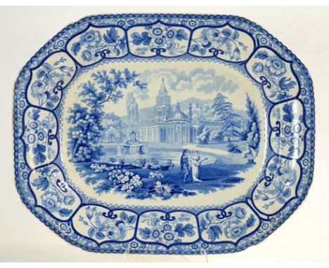 A DON POTTERY BLUE PRINTED EARTHENWARE ITALIAN FOUNTAIN PATTERN DISH, 43.5CM W, PRINTED MARKS, C1820-33