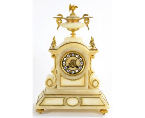 A FRENCH GILTMETAL MOUNTED ALABASTER MANTLE CLOCK, STRIKING ON A BELL, 46CM H, LATE 19TH C