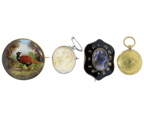 A GILTMETAL BROOCH SET WITH A PORCELAIN PLAQUE PAINTED WITH PHEASANTS, INDISTINCTLY SIGNED, EARLY 20TH C, A VICTORIAN ENAMEL 