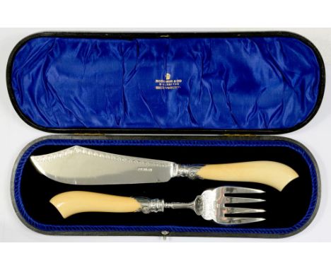 A PAIR OF EDWARD VII IVORY HAFTED SILVER FISH SERVERS  by Harrison Bros & Howson, Sheffield 1903, cased++Both in fine conditi