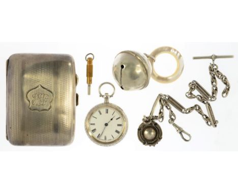 A GEORGE V SILVER CIGARETTE CASE, 8CM W, BIRMINGHAM 1915, A SILVER ALBERT WITH FOB SHIELD, A SILVER BABY'S RATTLE WITH MOTHER