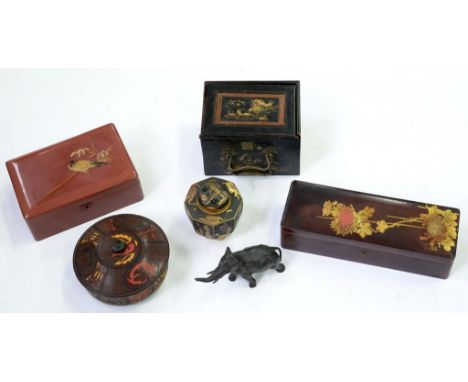 THREE VARIOUS JAPANESE LACQUER BOXES, A PATINATED BRASS KORO AND COVER, A SPELTER SCULPTURE OF AN ELEPHANT AND ANOTHER ITEM, 
