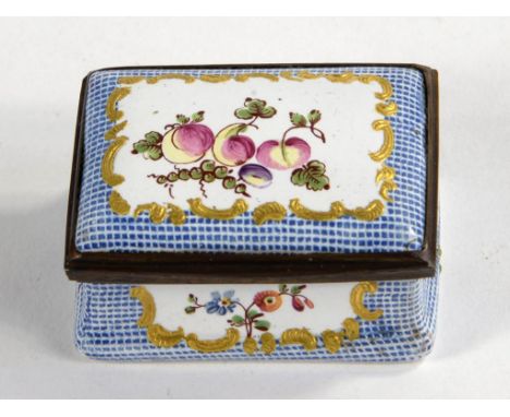 A FRENCH ENAMEL SNUFF BOX, THE LID AND SIDES PAINTED WITH FRUIT AND FLOWERS ON A BLUE STIPPLED GROUND, 4.5CM W, LATE 19TH C