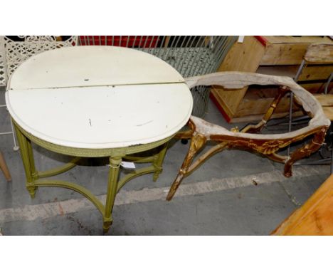 A PAIR OF PAINTED CONSOLE TABLES AND A GILTWOOD TABLE BASE, 57 X 99CM