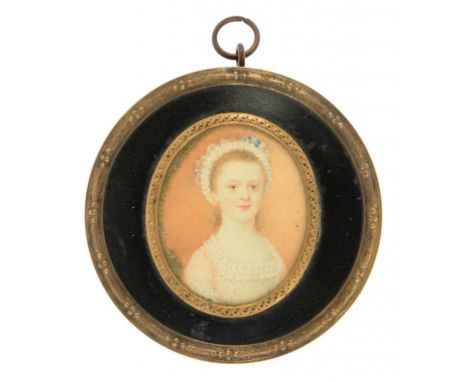 ENGLISH (?) SCHOOL, 19TH C, PORTRAIT MINIATURE OF A YOUNG GIRL IN A WHITE DRESS AND LACE CAP, IVORY, OVAL, 4.5 X 3.6CM, IN RO