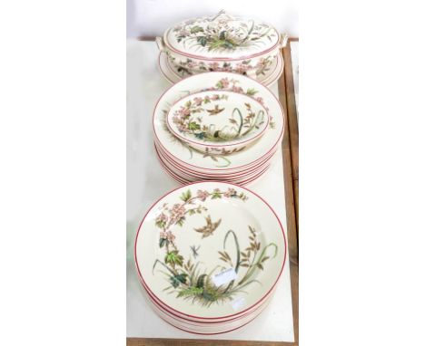 A THOMAS G BOOTH HAWTHORN PATTERN EARTHENWARE DINNER SERVICE, PRINTED IN SEPIA AND DECORATED IN ENAMEL, VEGETABLE DISH AND CO