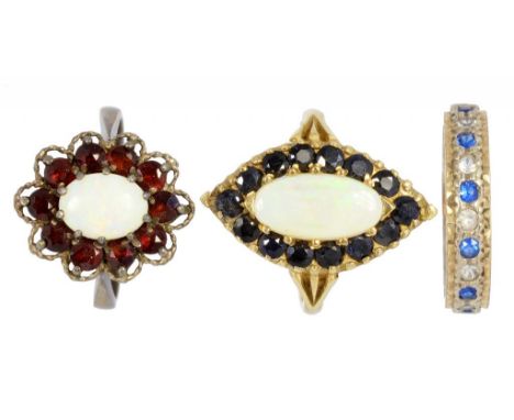 AN OPAL AND SAPPHIRE MARQUISE CLUSTER RING, IN GOLD, 4G AND TWO OTHER GEM SET RINGS (3)