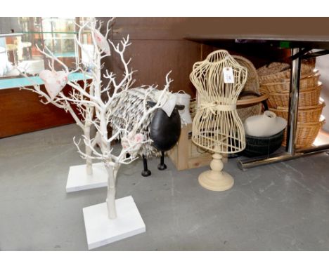 A QUANTITY OF BASKETS, METAL STORAGE TINS, METAL SHEEP AND MANNEQUIN, DISPLAY TREES, ETC