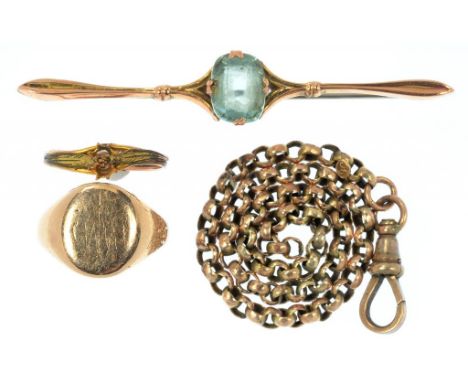 A 9CT GOLD SIGNET RING, A GOLD RING, A LENGTH OF GOLD CHAIN AND A GOLD BAR BROOCH SET WITH A BLUE STONE, 14.8G