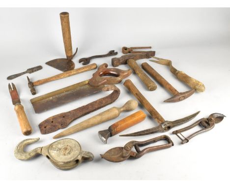 A Collection of Various Late 19th and 20th Century Tools to Comprise Cobbler's Tooling Item, Pig Scraper, Hammers, Hook Pulle