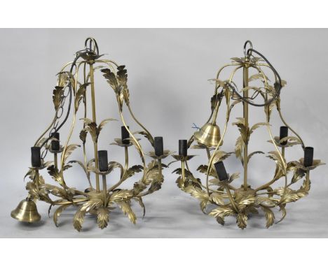 A Pair of Modern Brass Five Branch Ceiling Chandelier Light Fittings, 55cms High