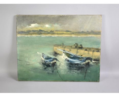 A Mounted but Unframed Oil on Canvas Sketch of Two Dinghies and Quayside, Probably the Work of Eric Peet (1909-1968), 41x51cm
