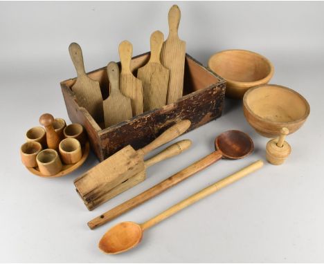 A Vintage Wooden Box Containing Kitchen Tools to Include Butter Pats, Garlic Press, Wooden Spoons, Egg Stand, Turned Bowls Et