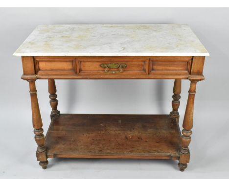 An Edwardian Marble Top Washstand Table with Single Long Drawer and Stretcher Shelf, 95cms Wide