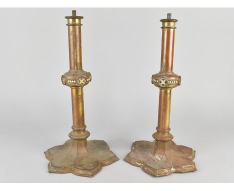 A Pair of Victorian Gothic Candlestick Bases in the Manner of Pugin Inscribed to Bases, 'Children of Mary St. Clare's Convent