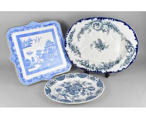 An Edwardian Mintons Willow Pattern Platter of Square Form Together with a Transfer Well Tree Draining Platter and a Ridgeway