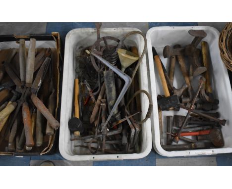 Two Boxes of Various Vintage and Later Tools to Include Cast Iron Shoe Last, Hammers, Brackets etc