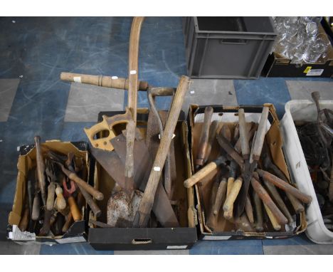 Three Boxes of Various Vintage Tools to Include Saws, Gardening Tools, Cutters etc