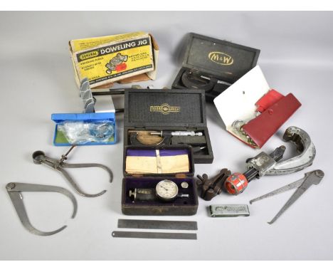 A Collection of Various Engineers Micrometer Screws and Tools, Crimping Scissors and Doweling Jig Etc