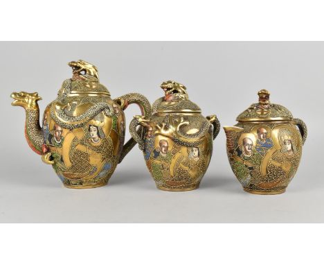 A Japanese Satsuma Three Piece Tea Service Decorated with Figures Enriched with Gilt and Having Stylised Dragon Handles and F