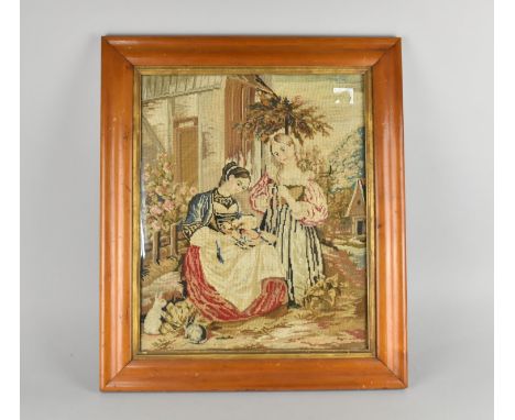 A Framed 19th Century Tapestry Depicting Mother and Daughter, 48x55cms