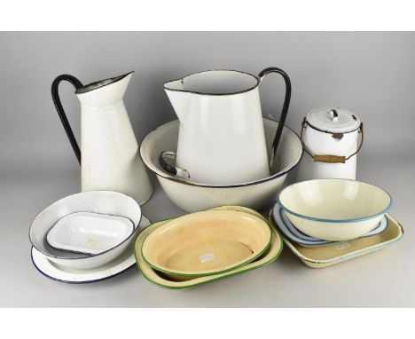 A Collection of Various Vintage Enamel to Comprise Large Water Jug, Wash Bowl, Dishes etc