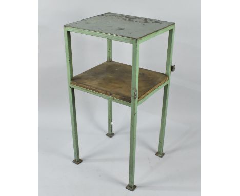 A Vintage Industrial Metal Green Painted Two Tier Work Table, the Stretcher Shelf with Wooden Top, 40x46x92cm high