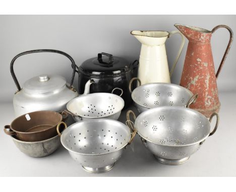 A Collection of Various Vintage Kitchenalia to Comprise Colanders, Kettle, Enamelled Cooking Pan, Enamel Ewer etc