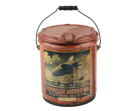 Zeppelin Motor Oil: a five gallon oil drum, red, each side depicting an airship in flight over a seascape, 'ZEPPELIN MOTOR OI